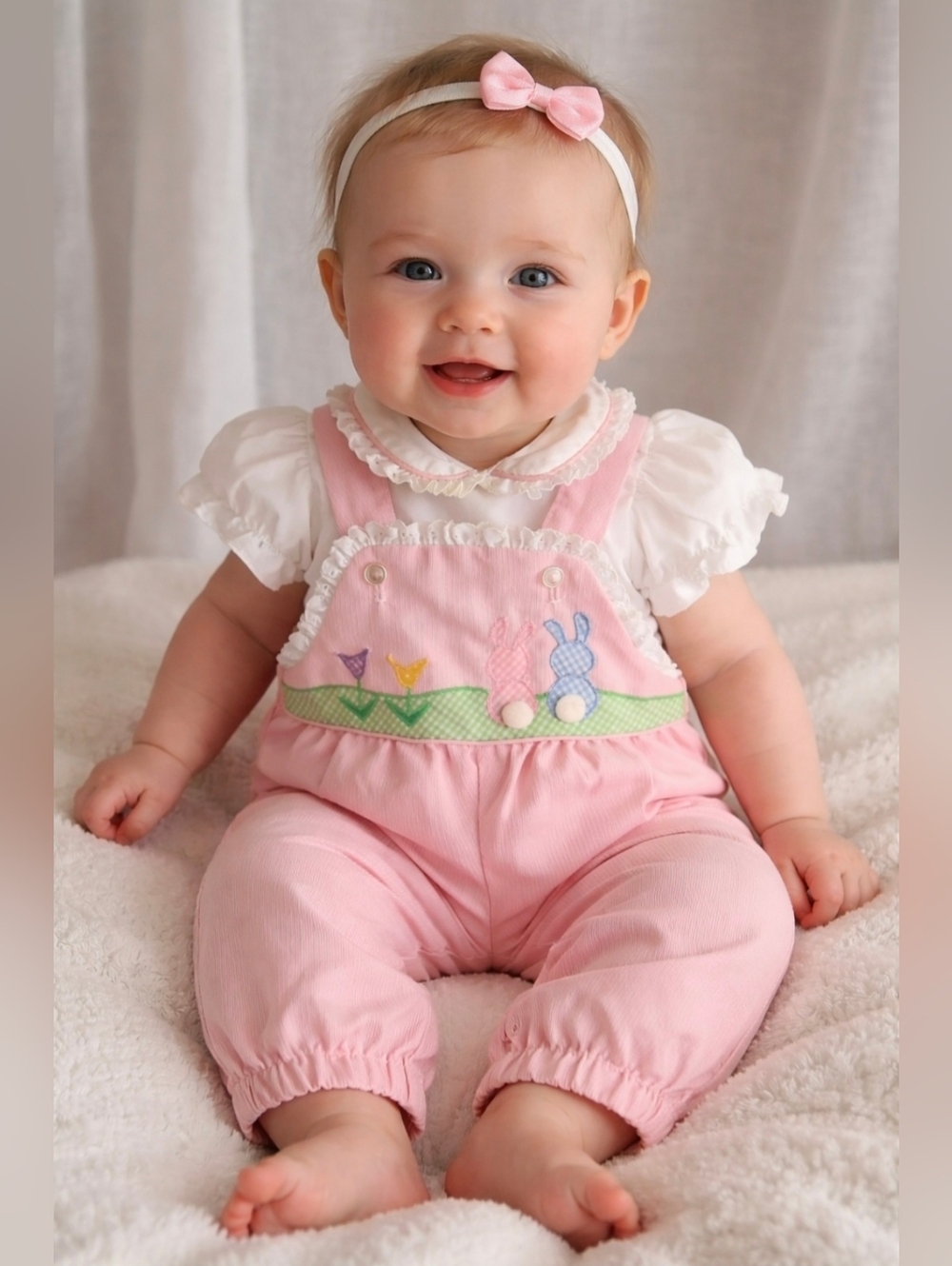 Vintage Baby Girl Spring Bunny Overall And Undershirt 3-6m